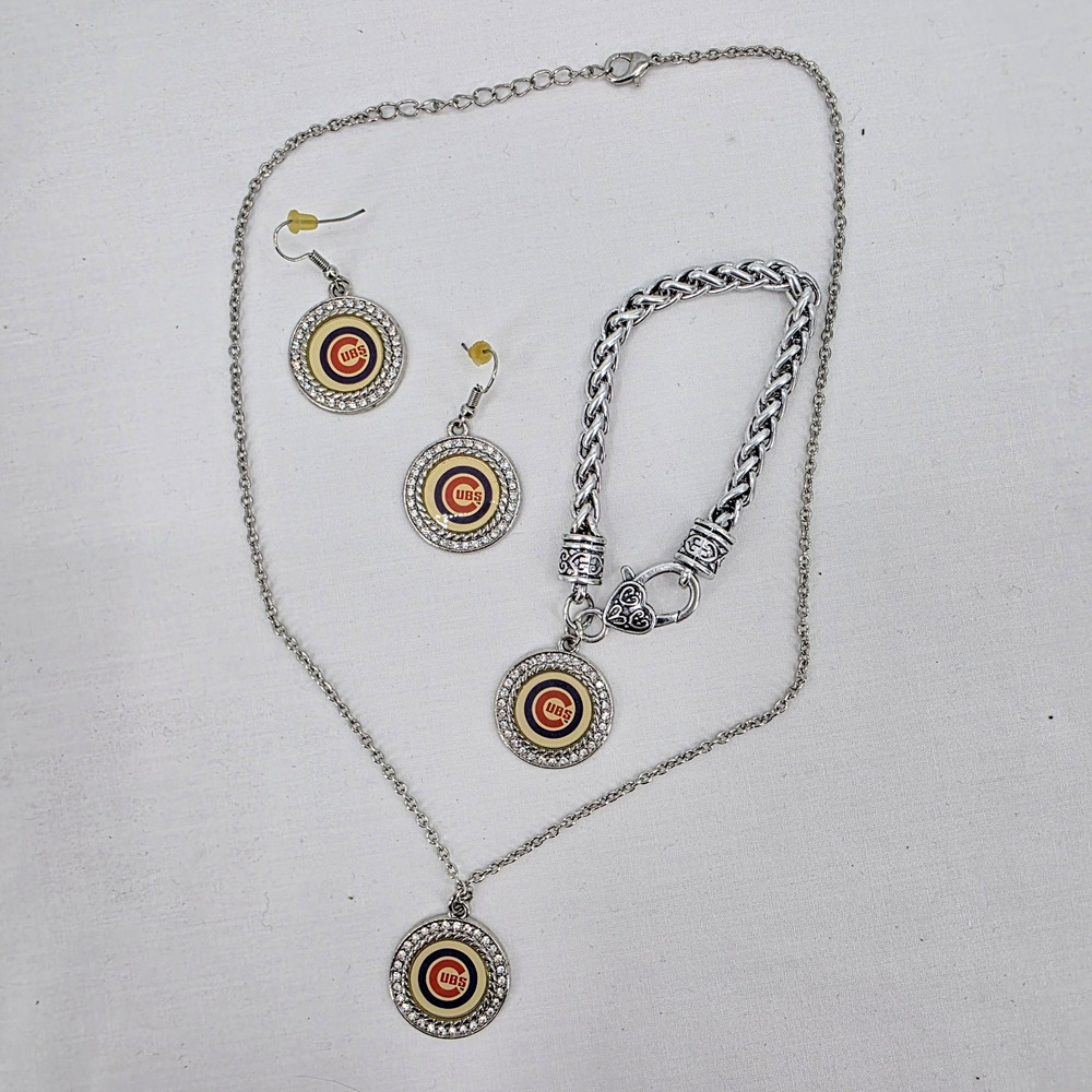 Chicago Cubs Necklace Bracelet & Earrings 4 pc Jewelry Set Baseball Rhinestones